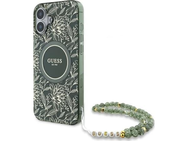 Etui Guess GUHMP16SHCPOFPA Apple iPhone 16 hardcase IML Flowers Allover Electro With Pearl Strap MagSafe zielony/green