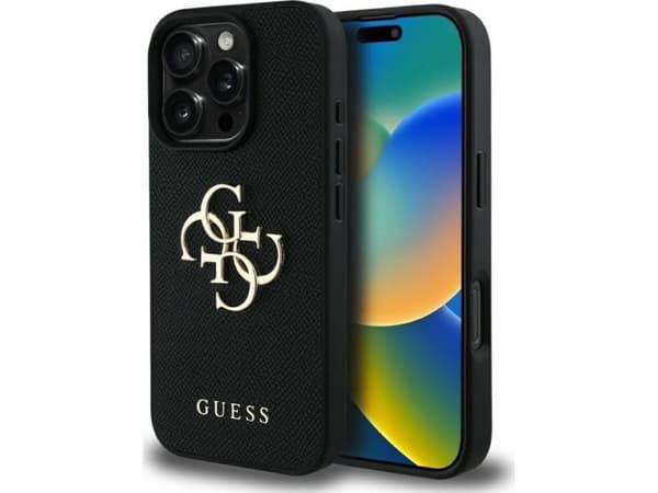 Guess PU härdat 4G metall logotypfodral för iPhone 16 Pro Max Svart