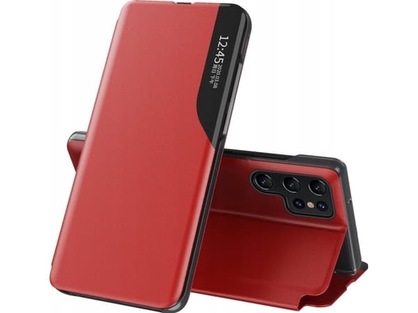 Eco Leather View Case för Samsung Galaxy S25 Ultra med flipskydd och stativ - röd