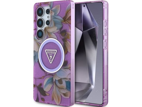 GUESS fodral för SAMSUNG S25 Ultra GUHMS25LHFLPEDU (Magnetiskt IML metall glitter blommor triangel) lila