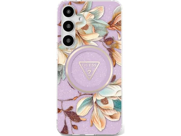 GUESS fodral för SAMSUNG S25 Ultra GUHMS25LHFLPEDU (Magnetiskt IML metall glitter blommor triangel) lila