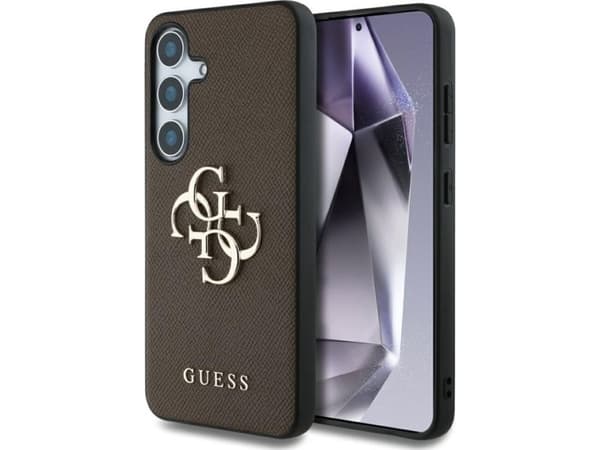 Guess Grained Big 4G Logo Small Classic Logo Samsung Galaxy S25 Plus dėklas telefonui rudos spalvos