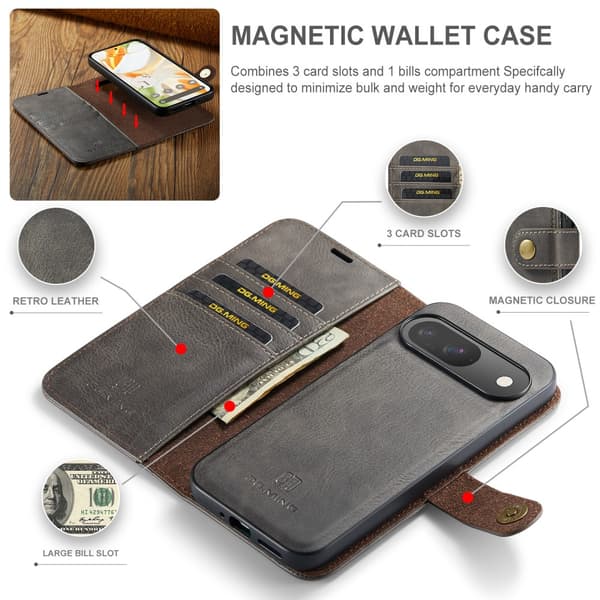 DG.MING 2-in-1 Magnet Wallet Google Pixel 9 Pro Brown