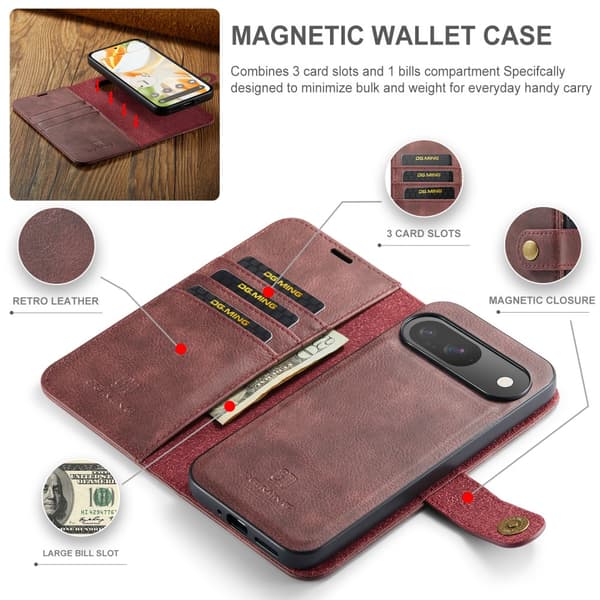 DG.MING 2-in-1 Magnet Wallet Google Pixel 9 Pro Red
