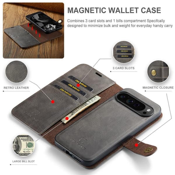 DG.MING 2-in-1 Magnet Wallet Google Pixel 9 Pro XL Brown