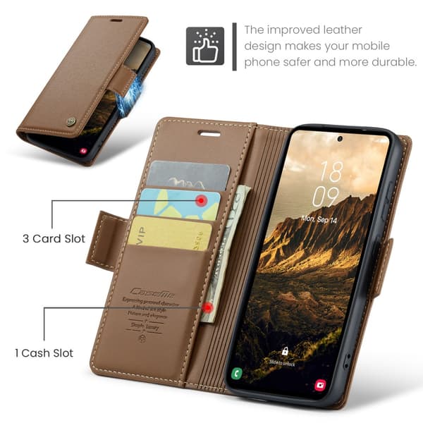 CaseMe Slim Plånboksfodral RFID-skydd Samsung Galaxy S25 Brun