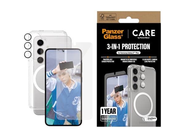 CARE by PanzerGlass - 3-i-1-skyddspaket - baksidesskydd för mobiltelefon - flaggskepp - 100 % återvunnet polykarbonat, 100 % återvunnet termoplastpol