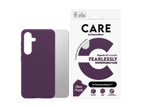 CARE by PanzerGlass - Baksidesskydd för mobiltelefon - Qi - 100 % återvunnet polykarbonat - plommonlila - för Samsung Galaxy S25