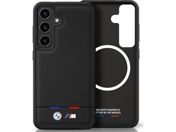 Dėklas BMW Leather Tricolor Stripe MagSafe Samsung Galaxy S25 juodos spalvos