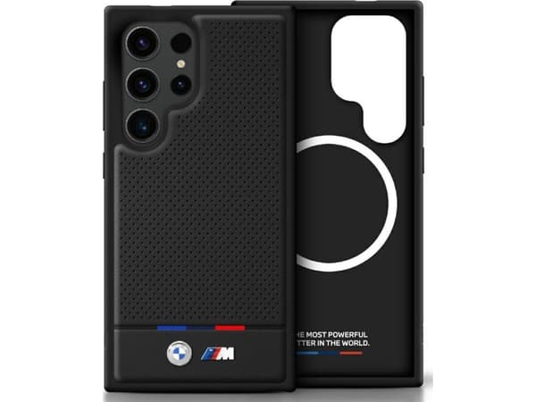 Dėklas BMW Leather Tricolor Stripe MagSafe Samsung Galaxy S25 Ultra juodos spalvos