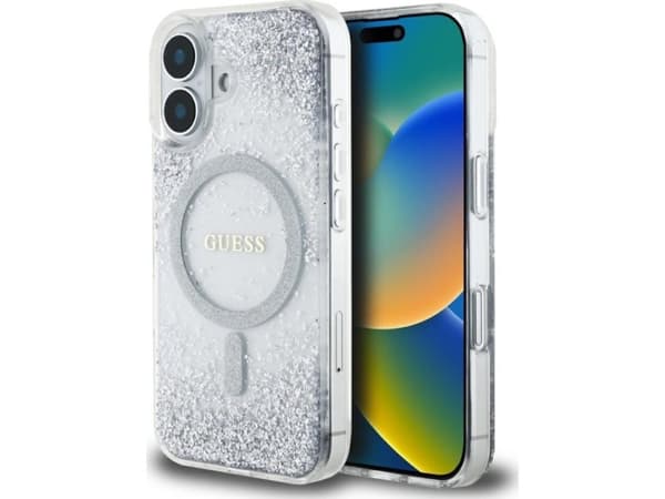 Dėklas Guess HC Resin Bottom Glitter Apple iPhone 16 MagSafe sidabro spalvos