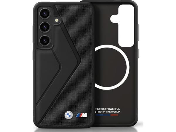 Dėklas BMW Leather Oversized Stripes MagSafe Samsung Galaxy S25 juodos spalvos