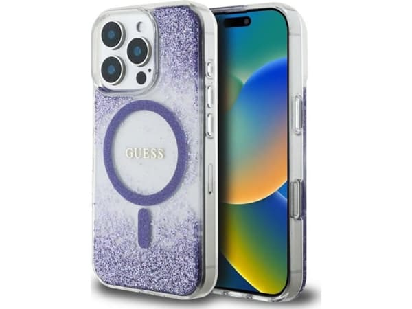 Dėklas Guess HC Resin Bottom Glitter Apple iPhone 16 Pro Max MagSafe violetinės spalvos
