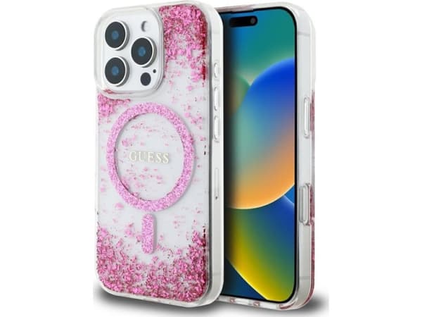 Dėklas Guess HC Resin Bottom Glitter Apple iPhone 16 Pro MagSafe rožinės spalvos