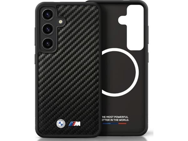 Dėklas BMW Leather Carbon MagSafe Samsung Galaxy S25 Plus juodos spalvos