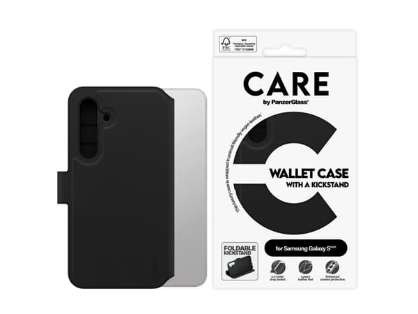 PanzerGlass CARE by ® Feature Wallet Case w. Kickstand Samsung Galaxy S25, Cover, Samsung, Samsung - Galaxy S25, Black