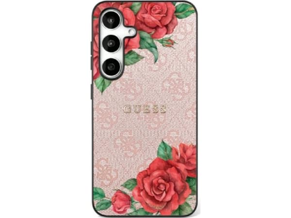 Guess Leather 4G Flowers Print Metal Classic Logo MagSafe-deksel til Samsung Galaxy S25 Ultra Pink