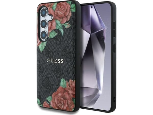 Guess Nahka 4G Flowers Print Metal Classic Logo MagSafe Samsung Galaxy S25 Puhelimen tapauksessa musta musta