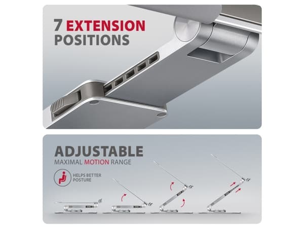 Axagon STND-LR, Arm till bärbara datorer, Silver, Gjuten aluminium, 25,4 cm (10"), 43,9 cm (17.3"), 5 kg