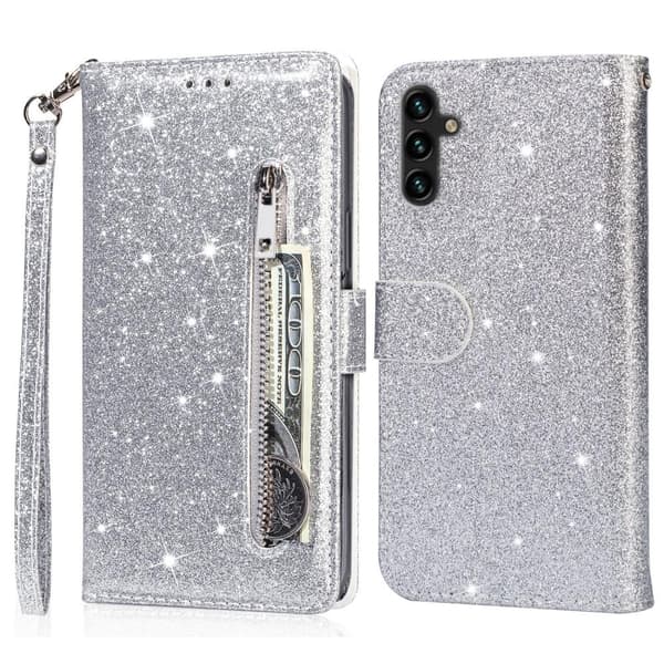 Til Samsung Galaxy A56 5G Stående Glittercover med Lynlåslomme - Sølv