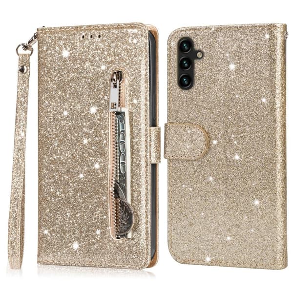 For Samsung Galaxy A56 5G Stående Glitterdeksel med Glidelåslomme - Gold