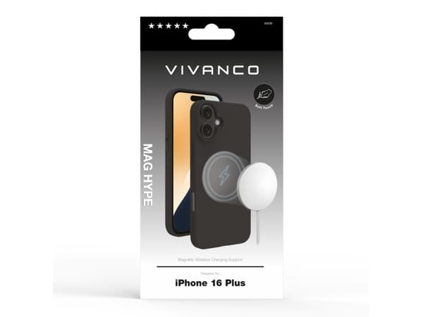 Vivanco MHCVVIPH16PLBK Matkapuhelimen takakuori Apple iPhone 16 Plus Musta Induktiivinen lataus, hiekan- ja roiskevedenpitävä, pölynkestävä, roiskeve