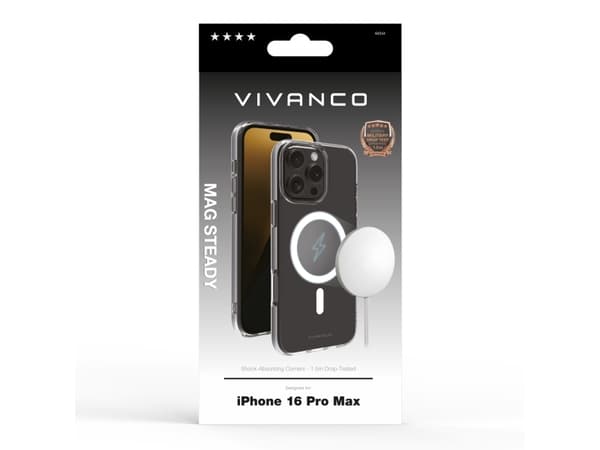 Vivanco Mag Steady Anti Shock Cover, Magnetic Wireless Charging Support for iPhone 16 Pro Max, Cover, Apple, iPhone 16 Pro Max, 17.5 cm (6.9"), Trans