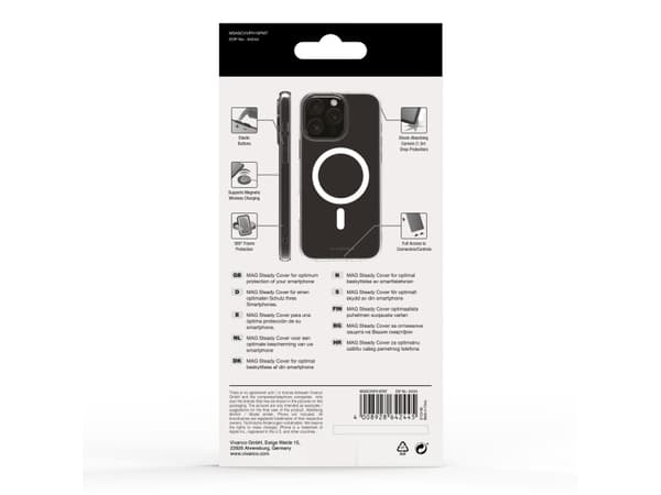 Vivanco Mag Steady Anti Shock Cover, Magnetic Wireless Charging Support for iPhone 16 Pro Max, Cover, Apple, iPhone 16 Pro Max, 17.5 cm (6.9"), Trans