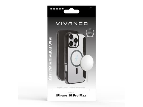 Vivanco MAG PREMIUM Wallet for iPhone 16 Pro Max, 2.0m drop protection, MagSafe Suport, Wallet case, Apple, iPhone 16 Pro Max, 17.5 cm (6.9"), Black