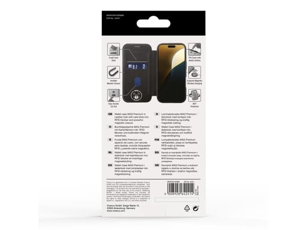 Vivanco MAG PREMIUM Wallet for iPhone 16 Pro Max, 2.0m drop protection, MagSafe Suport, Wallet case, Apple, iPhone 16 Pro Max, 17.5 cm (6.9"), Black