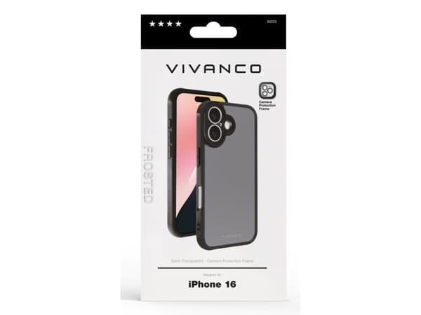 Vivanco Frosted Cover for iPhone 16 with integrated camera protection frame, semi-transparent/black, Cover, Apple, iPhone 16, 15.5 cm (6.1"), Black,