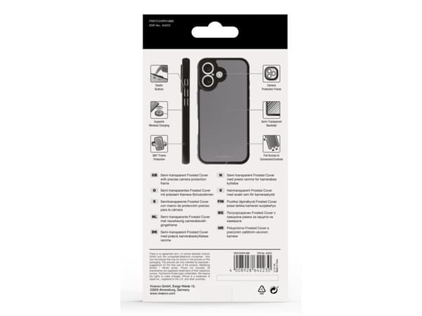 Vivanco Frosted Cover for iPhone 16 with integrated camera protection frame, semi-transparent/black, Cover, Apple, iPhone 16, 15.5 cm (6.1"), Black,