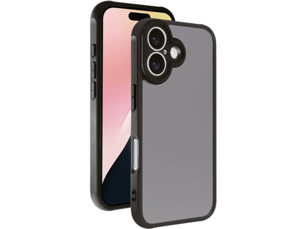 Vivanco Frosted Cover for iPhone 16 with integrated camera protection frame, semi-transparent/black, Cover, Apple, iPhone 16, 15.5 cm (6.1"), Black,