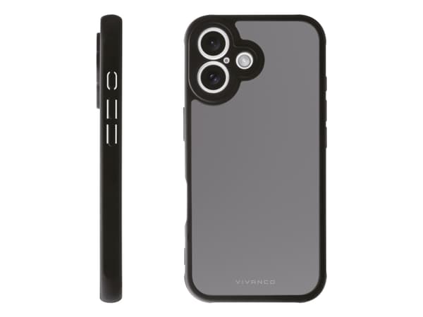 Vivanco Frosted Cover for iPhone 16 with integrated camera protection frame, semi-transparent/black, Cover, Apple, iPhone 16, 15.5 cm (6.1"), Black,