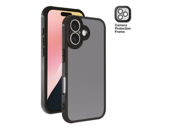 Vivanco Frosted Cover for iPhone 16 with integrated camera protection frame, semi-transparent/black, Cover, Apple, iPhone 16, 15.5 cm (6.1"), Black,