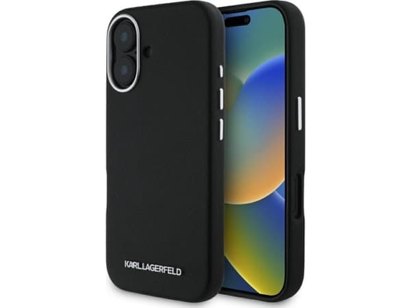 Karl Lagerfeld Saffiano Full Wrapped Elongated Metal Logo MagSafe Apple iPhone 16 dėklas telefonui juodos spalvos