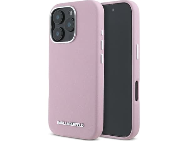 Karl Lagerfeld Saffiano Full-innpakket, langstrakt metalllogo MagSafe Apple iPhone 16 Pro Max-deksel rosa