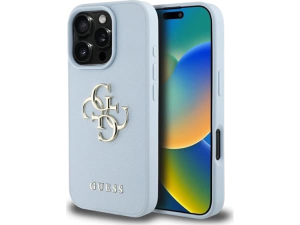 Guess Grained Big 4G Logo Small Classic Logo Apple iPhone 16 Pro Max dėklas telefonui mėlynos spalvos