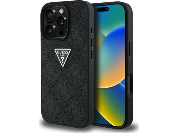 Guess Hot Stamp 4G Pattern Triangle Metal Logo Apple iPhone 16 Pro Max dėklas telefonui juodos spalvos