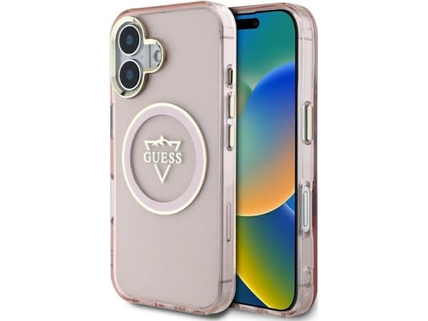 Guess IML Metal Mountain Logo MagSafe Apple iPhone 16 kotelo vaaleanpunainen