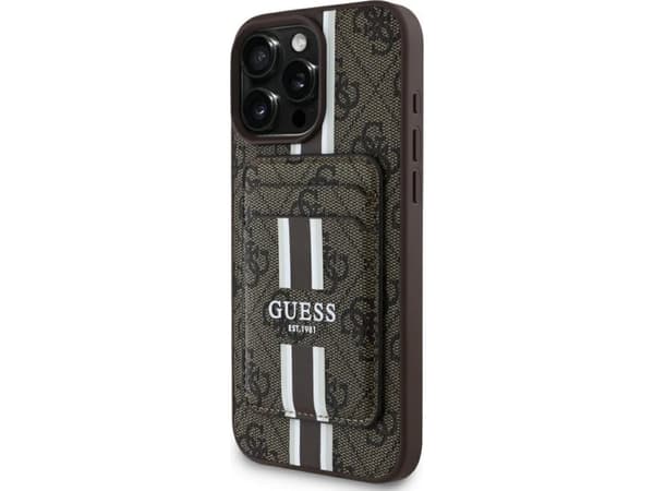 Guess 4G Stripes su portfelem Magsafe Apple iPhone 16 Pro Max dėklas telefonui rudos spalvos