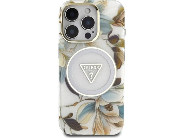 Guess Glitter Blomster Trekantknapper MagSafe Apple iPhone 16 Pro Max Deksel Hvit