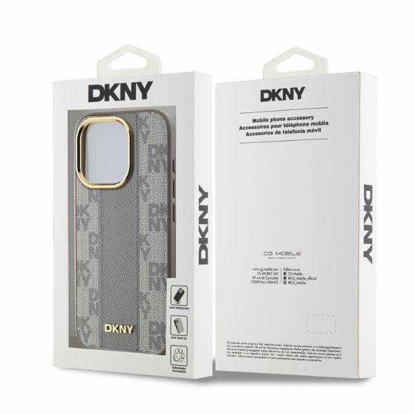 DKNY iPhone 15 Pro Max Mobilskal MagSafe Läder Checkered Mono - Beige