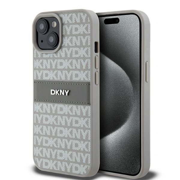 DKNY iPhone 15/14/13 Mobilskal Läder Mono Stripe & Metal Logo - Beige
