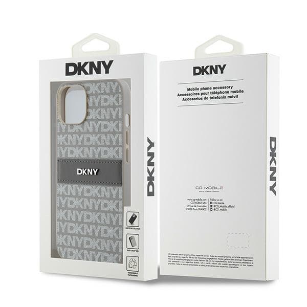 DKNY iPhone 14/15/13 Mobilskal Läder Mono Stripe & Metal Logo