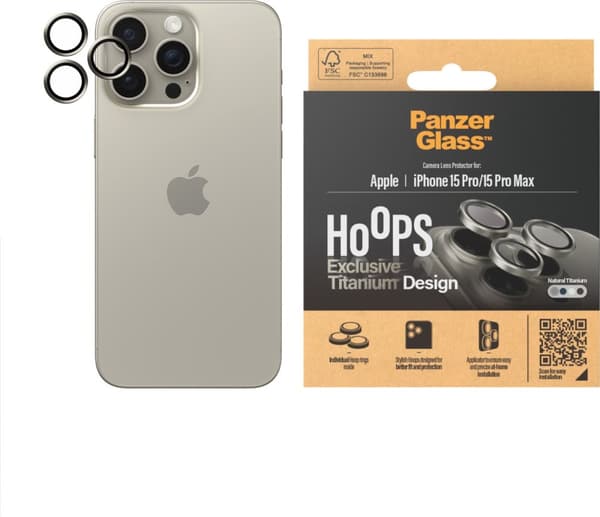 PanzerGlass Hoops kameralinsedæksel, iPhone 15 Pro / 15 Pro Max, titanium