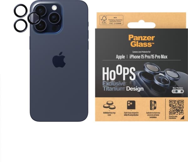 PanzerGlass Hoops -kameran linssinsuoja, iPhone 15 Pro / 15 Pro Max, sininen titaani