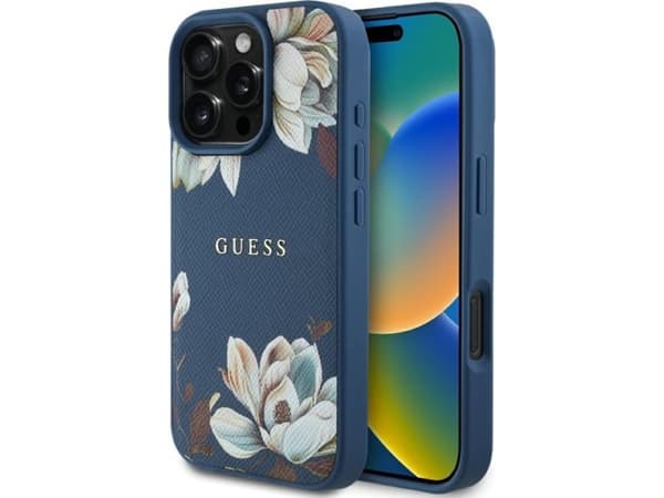 Etui Guess Grained Printed Flower Pattern MagSafe do iPhone 16 Pro Max niebieski