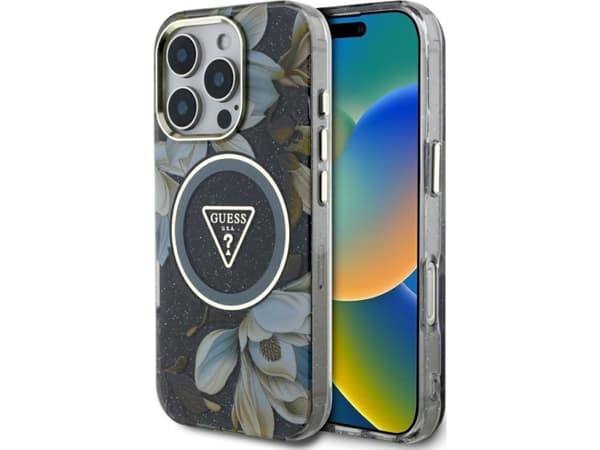 Etui Guess Glitter Flowers Triangle Buttons MagSafe do iPhone 16 Pro czarny