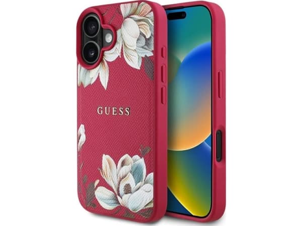 Etui Guess Grained Printed Flower Pattern MagSafe do iPhone 16 fuksja
